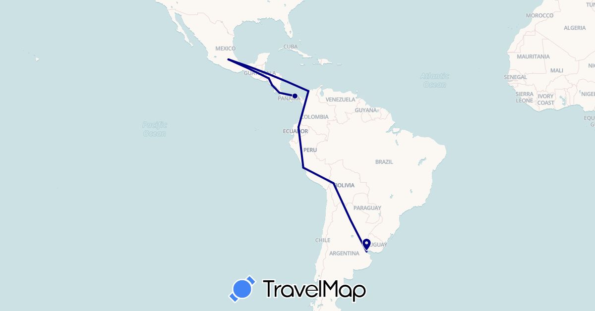 TravelMap itinerary: driving in Argentina, Bolivia, Colombia, Costa Rica, Ecuador, Honduras, Mexico, Nicaragua, Panama, Peru (North America, South America)